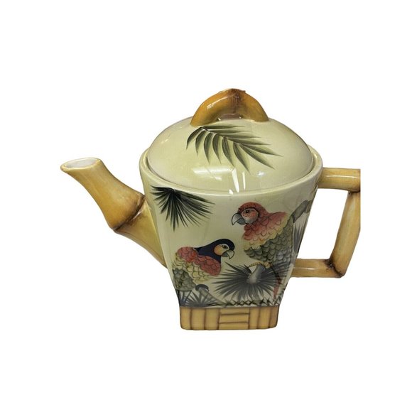 Pacific Rim Ceramic Tea Pot‎ Hand Painted Parrots Palm Trees Bamboo 8.5" - Picture 6 of 11